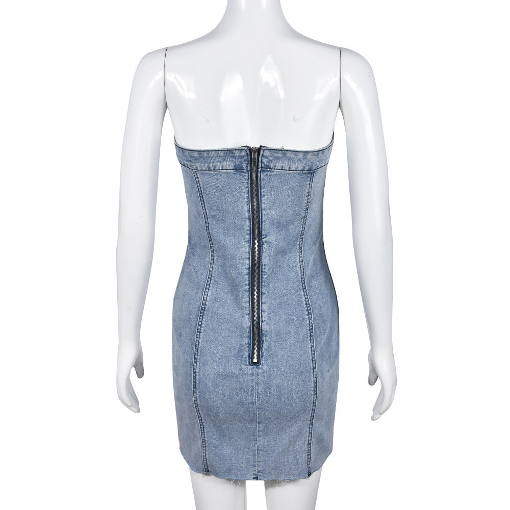 Fashion Backless Tube Denim Dress Summer Sexy Y2K Slim Short Dresses For Women Clothing